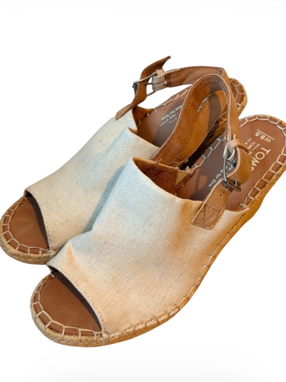 TOMS Beige Canvas and Brown Leather Espadrille Slingback Sandals